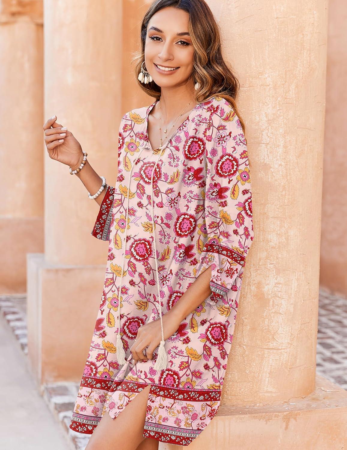 imageZeagoo Womens Boho Dresses Casual Beach Summer Dress Tassel Tie Neck 34 Long Sleeve Mini Sundress 2026 Floral Print Cover Up02 Pink
