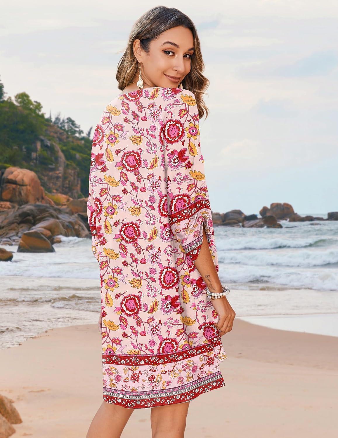 imageZeagoo Womens Boho Dresses Casual Beach Summer Dress Tassel Tie Neck 34 Long Sleeve Mini Sundress 2026 Floral Print Cover Up02 Pink