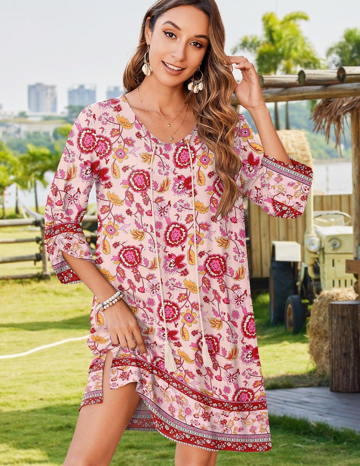 imageZeagoo Womens Boho Dresses Casual Beach Summer Dress Tassel Tie Neck 34 Long Sleeve Mini Sundress 2026 Floral Print Cover Up02 Pink