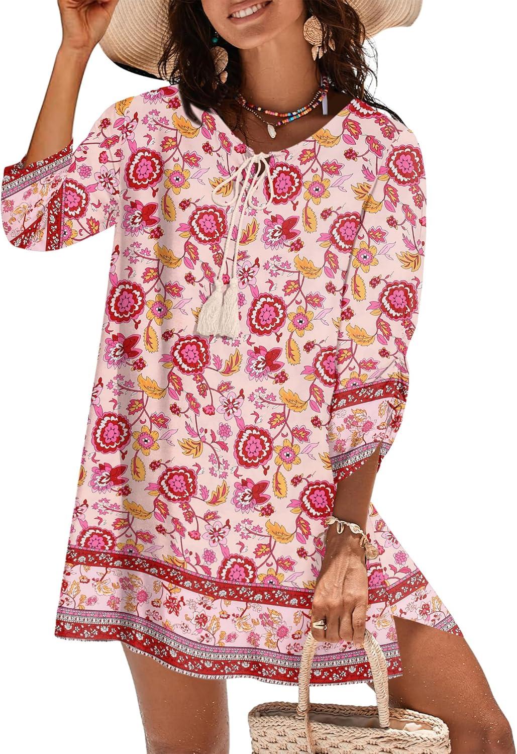 imageZeagoo Womens Boho Dresses Casual Beach Summer Dress Tassel Tie Neck 34 Long Sleeve Mini Sundress 2026 Floral Print Cover Up02 Pink