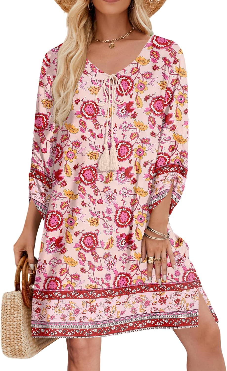 imageZeagoo Womens Boho Dresses Casual Beach Summer Dress Tassel Tie Neck 34 Long Sleeve Mini Sundress 2026 Floral Print Cover Up02 Pink