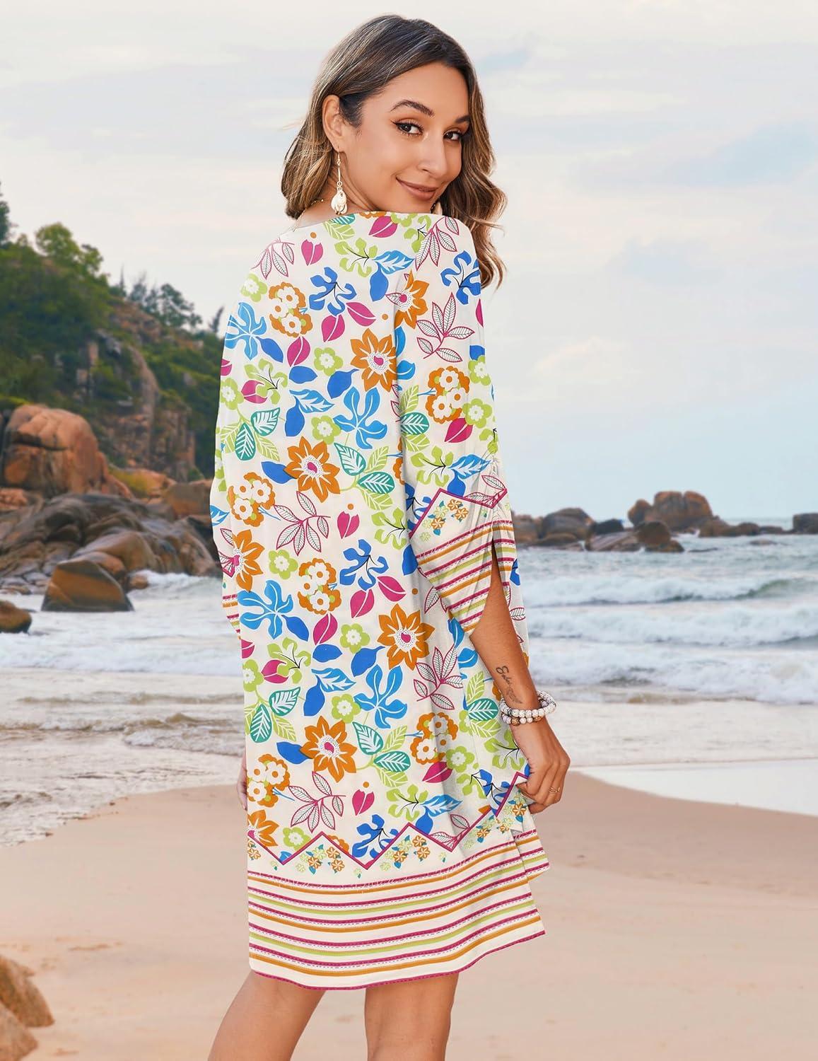 imageZeagoo Womens Boho Dresses Casual Beach Summer Dress Tassel Tie Neck 34 Long Sleeve Mini Sundress 2026 Floral Print Cover Up02 White