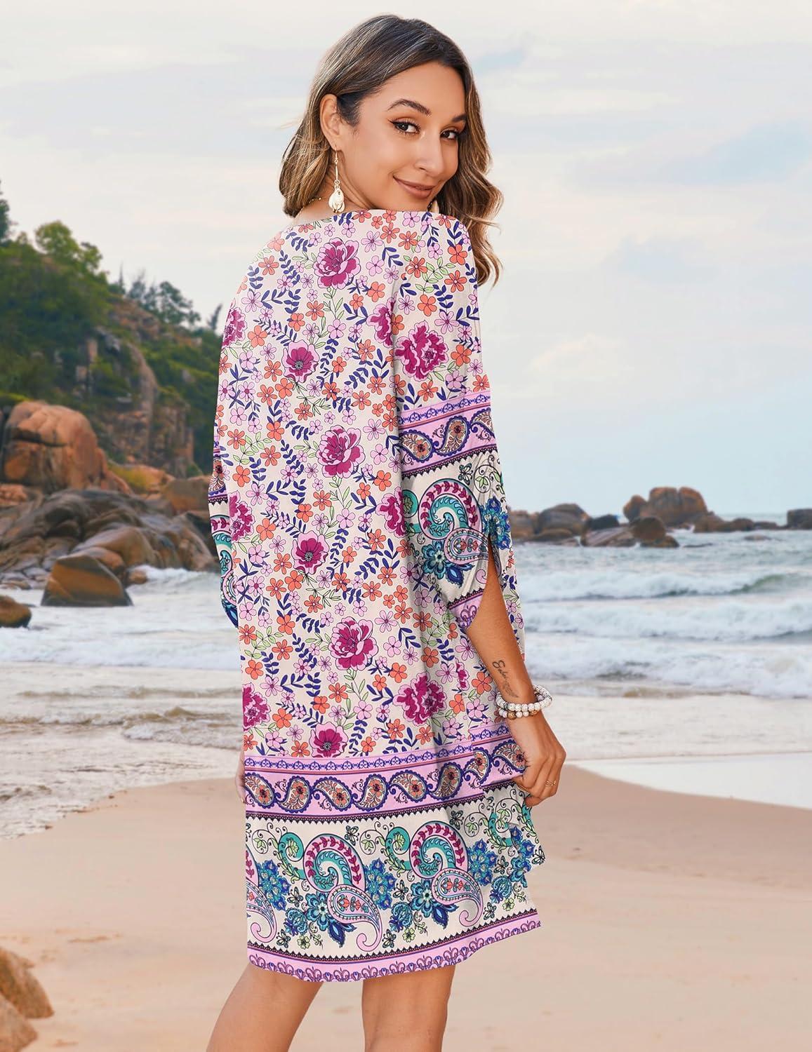 imageZeagoo Womens Boho Dresses Casual Beach Summer Dress Tassel Tie Neck 34 Long Sleeve Mini Sundress 2026 Floral Print Cover Up03 Apricot
