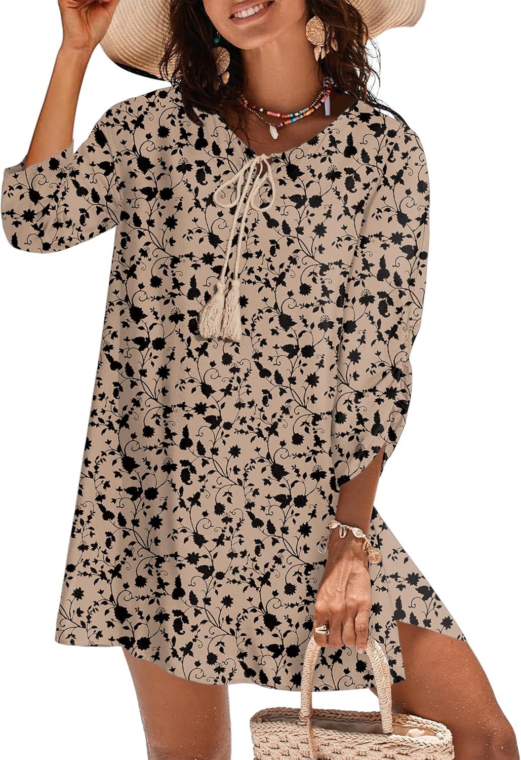 imageZeagoo Womens Boho Dresses Casual Beach Summer Dress Tassel Tie Neck 34 Long Sleeve Mini Sundress 2026 Floral Print Cover UpBeige