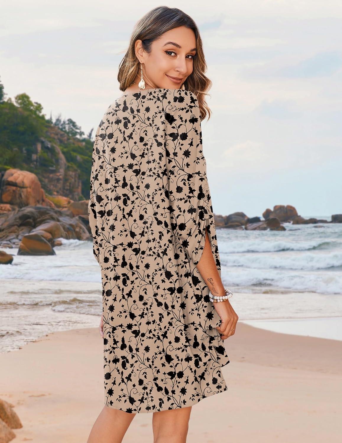 imageZeagoo Womens Boho Dresses Casual Beach Summer Dress Tassel Tie Neck 34 Long Sleeve Mini Sundress 2026 Floral Print Cover UpBeige