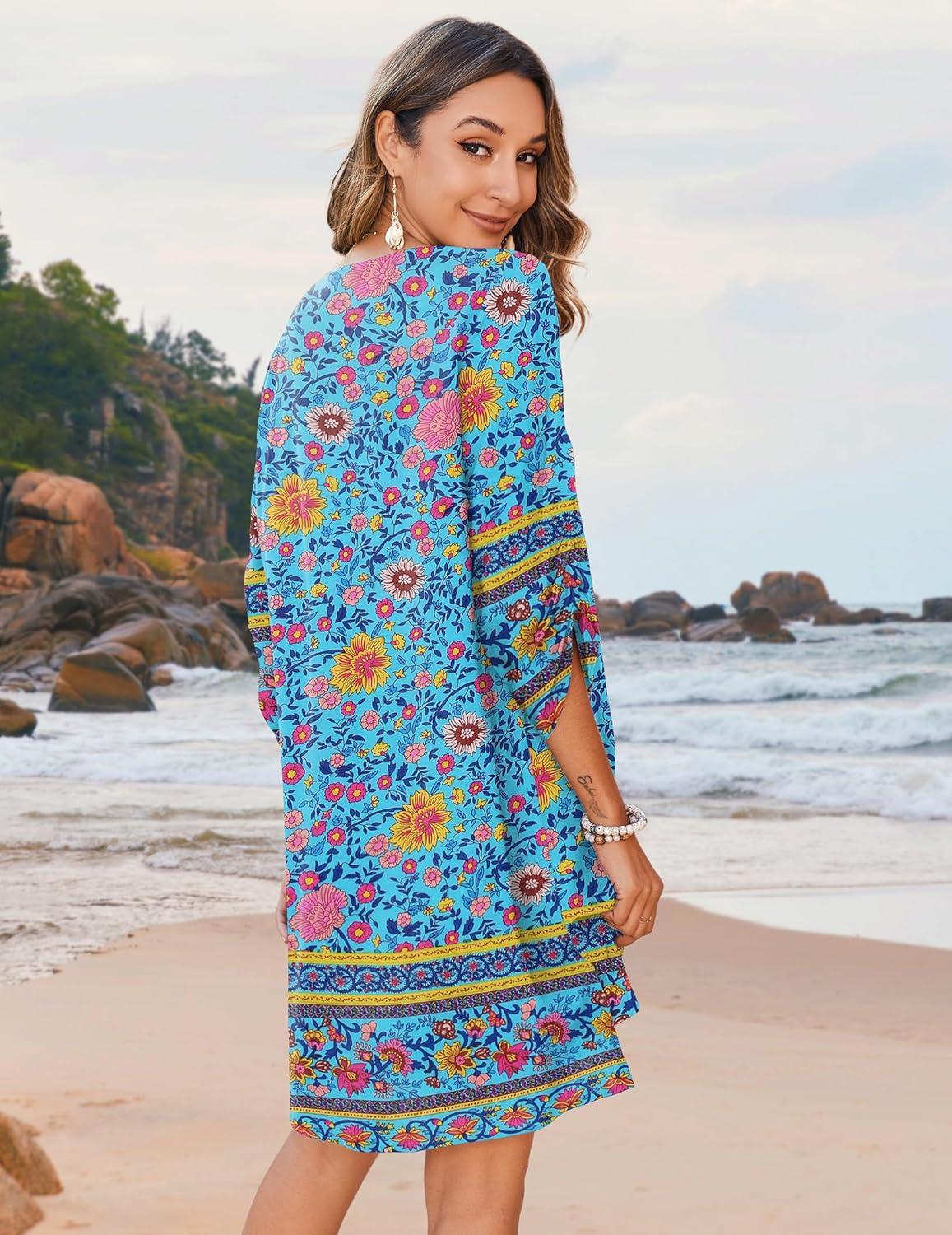 imageZeagoo Womens Boho Dresses Casual Beach Summer Dress Tassel Tie Neck 34 Long Sleeve Mini Sundress 2026 Floral Print Cover UpBlue Floral 01
