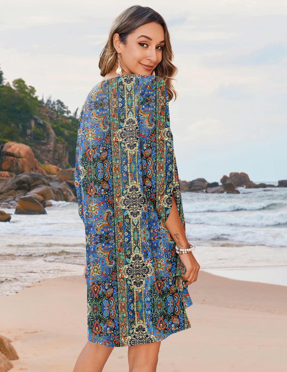 imageZeagoo Womens Boho Dresses Casual Beach Summer Dress Tassel Tie Neck 34 Long Sleeve Mini Sundress 2026 Floral Print Cover UpBlue Mz779
