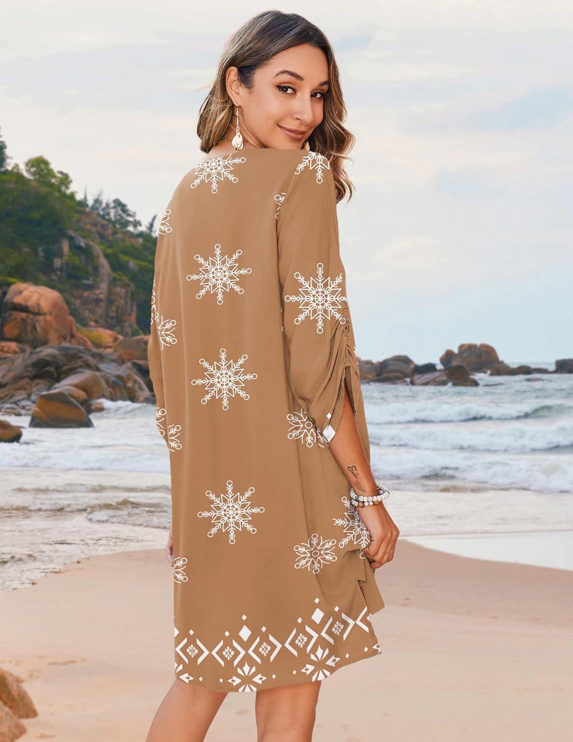 imageZeagoo Womens Boho Dresses Casual Beach Summer Dress Tassel Tie Neck 34 Long Sleeve Mini Sundress 2026 Floral Print Cover UpBrown Mz917