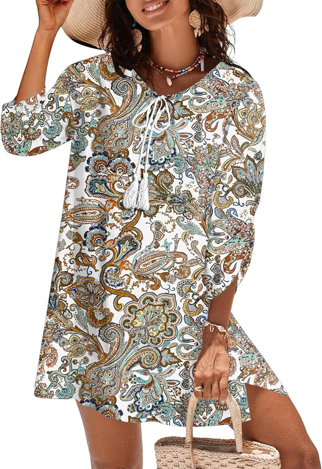 imageZeagoo Womens Boho Dresses Casual Beach Summer Dress Tassel Tie Neck 34 Long Sleeve Mini Sundress 2026 Floral Print Cover UpColorful Mz453
