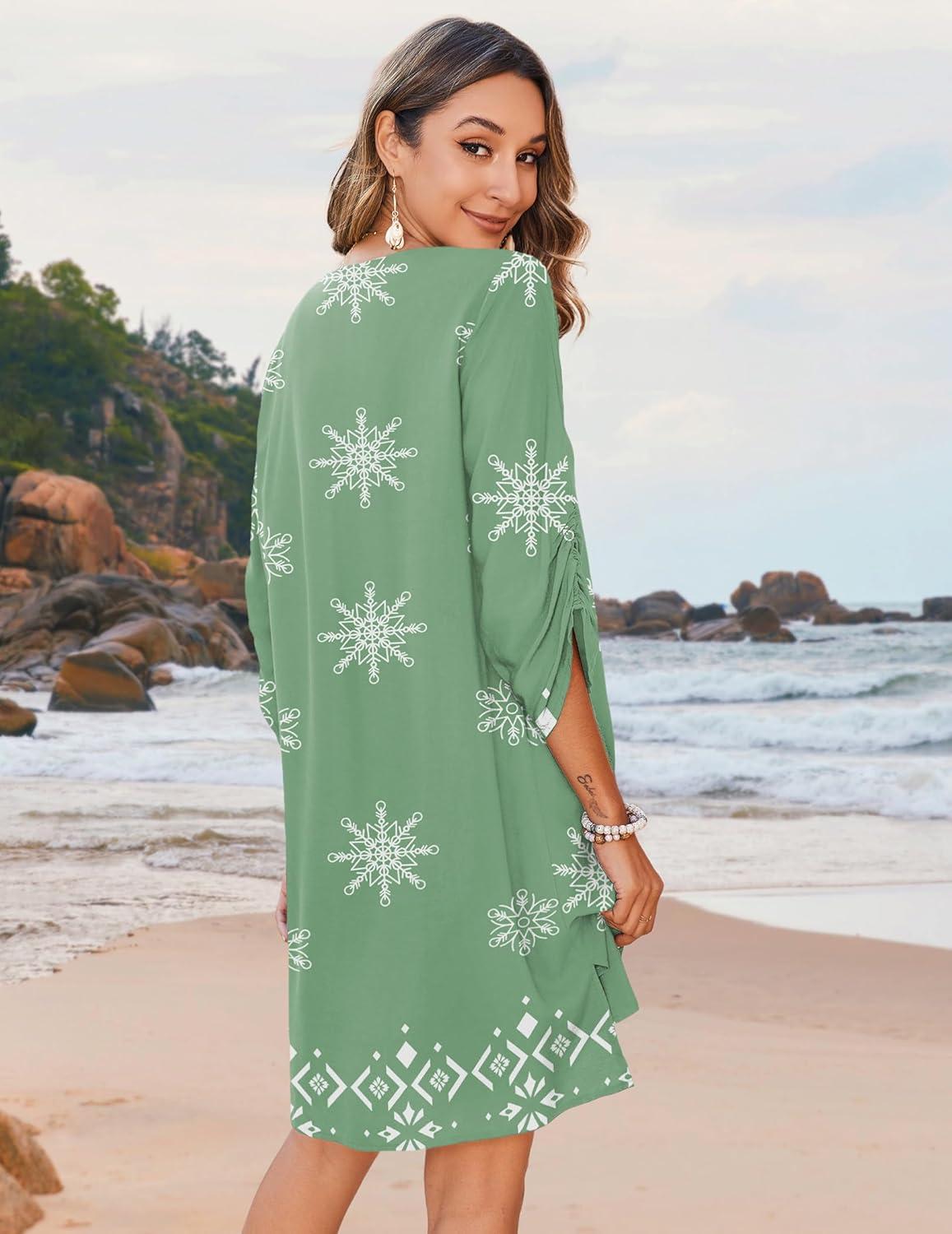 imageZeagoo Womens Boho Dresses Casual Beach Summer Dress Tassel Tie Neck 34 Long Sleeve Mini Sundress 2026 Floral Print Cover UpGreen Mz915