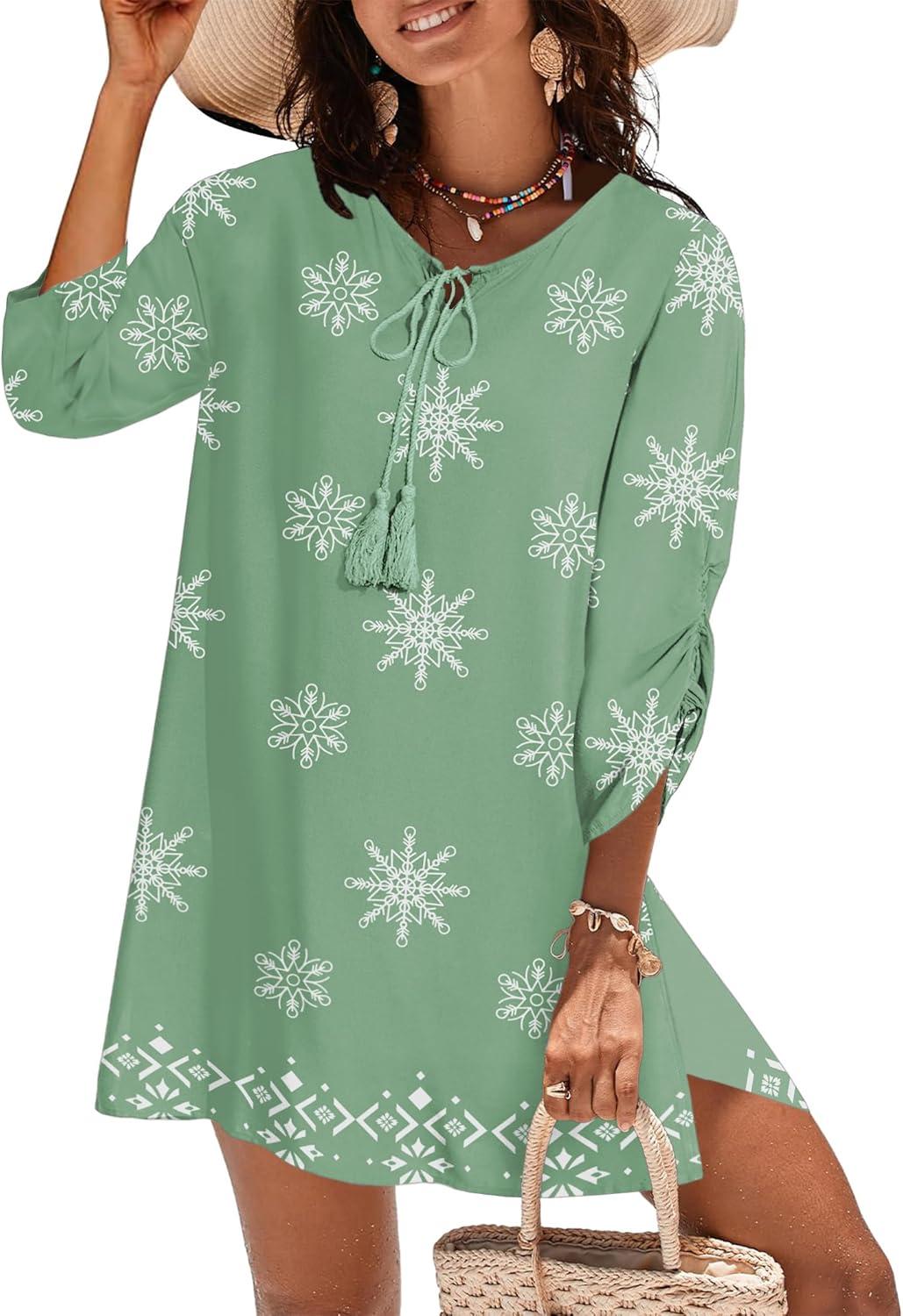 imageZeagoo Womens Boho Dresses Casual Beach Summer Dress Tassel Tie Neck 34 Long Sleeve Mini Sundress 2026 Floral Print Cover UpGreen Mz915