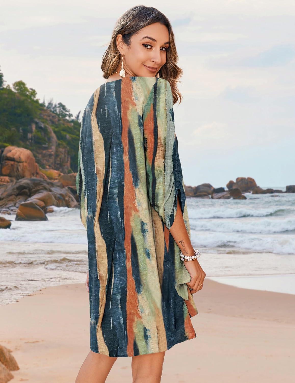 imageZeagoo Womens Boho Dresses Casual Beach Summer Dress Tassel Tie Neck 34 Long Sleeve Mini Sundress 2026 Floral Print Cover UpKhaki Cx289