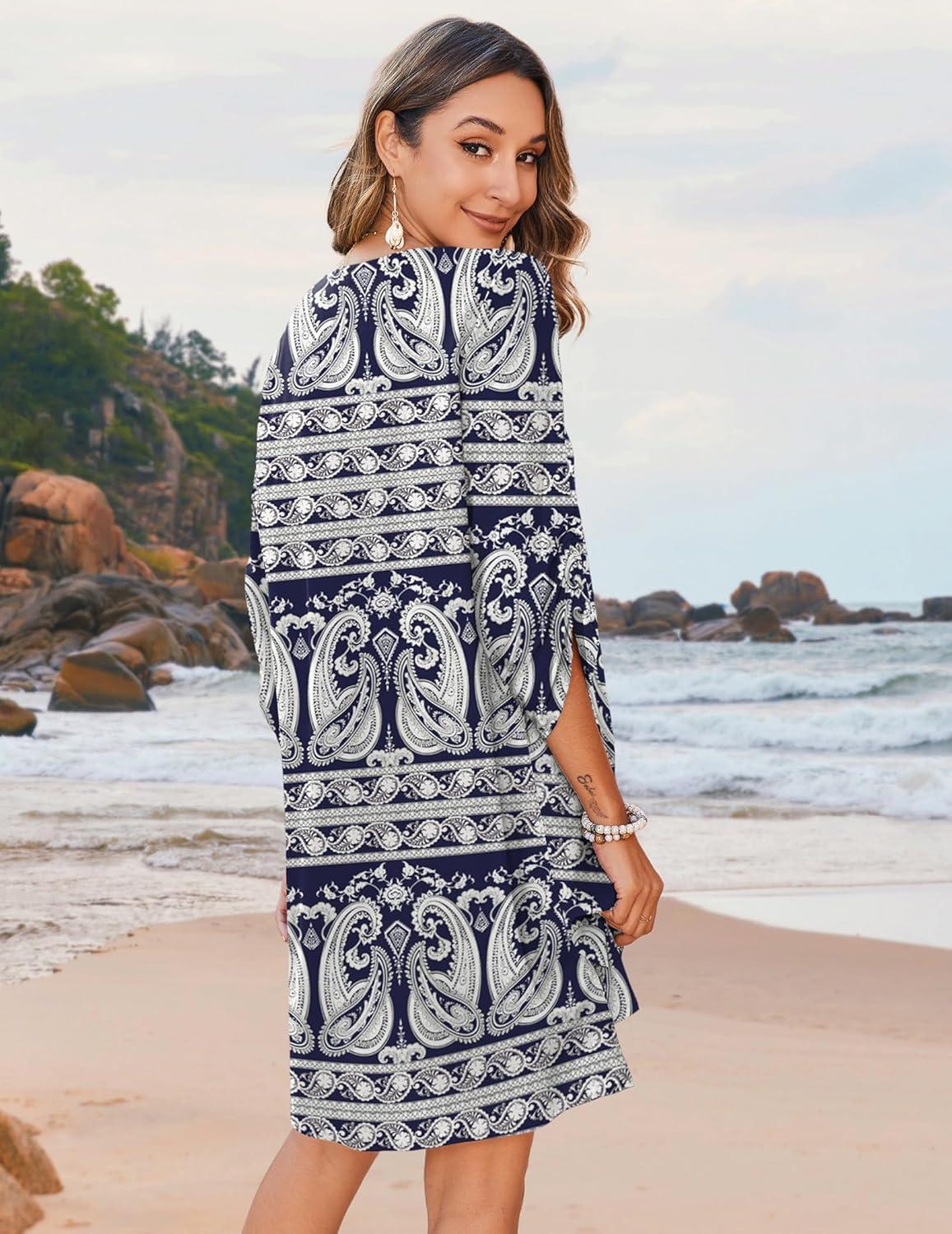 imageZeagoo Womens Boho Dresses Casual Beach Summer Dress Tassel Tie Neck 34 Long Sleeve Mini Sundress 2026 Floral Print Cover UpNavy Mz908