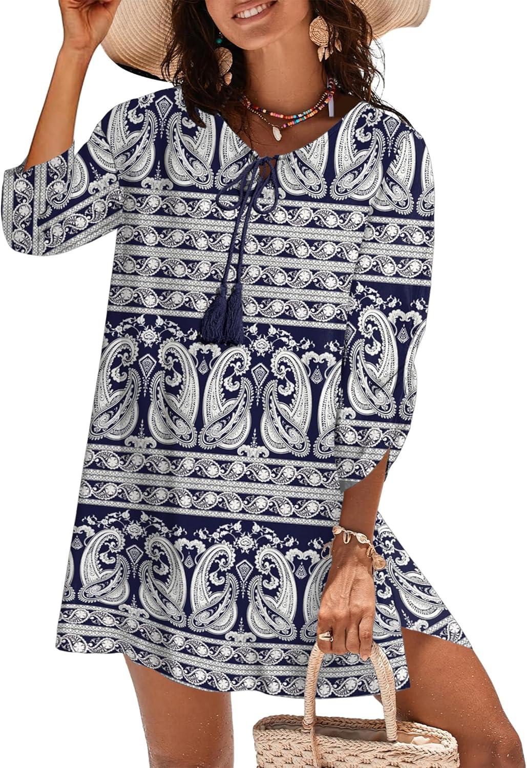 imageZeagoo Womens Boho Dresses Casual Beach Summer Dress Tassel Tie Neck 34 Long Sleeve Mini Sundress 2026 Floral Print Cover UpNavy Mz908