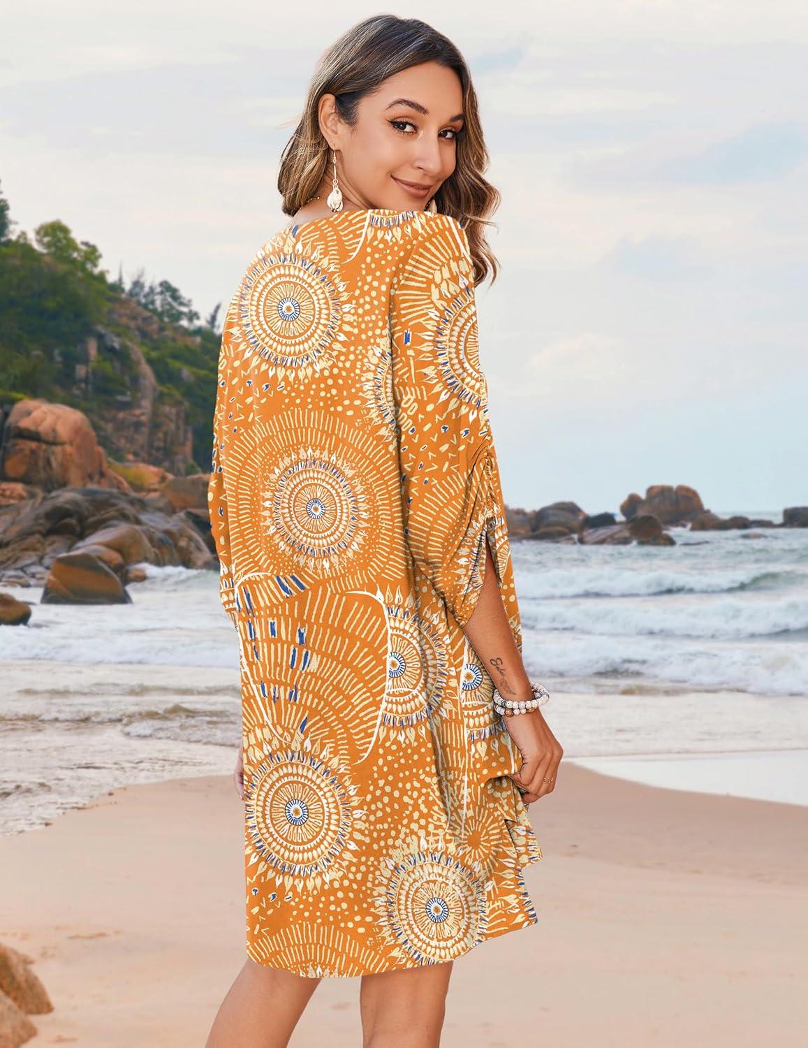 imageZeagoo Womens Boho Dresses Casual Beach Summer Dress Tassel Tie Neck 34 Long Sleeve Mini Sundress 2026 Floral Print Cover UpOrange Cx294