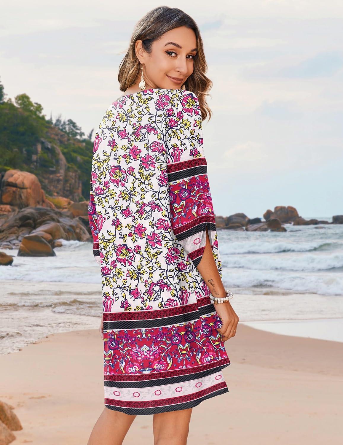 imageZeagoo Womens Boho Dresses Casual Beach Summer Dress Tassel Tie Neck 34 Long Sleeve Mini Sundress 2026 Floral Print Cover UpPurple