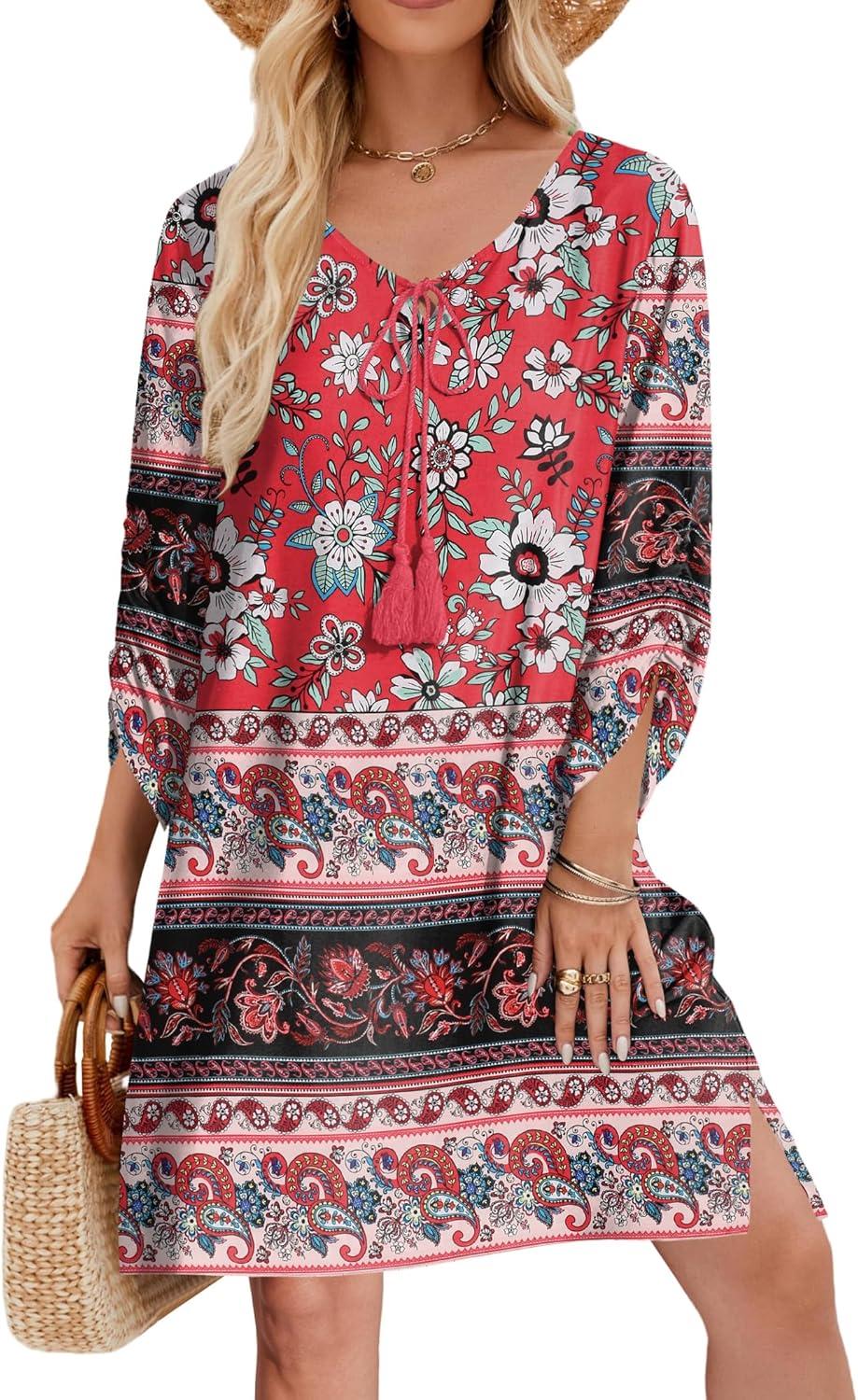 imageZeagoo Womens Boho Dresses Casual Beach Summer Dress Tassel Tie Neck 34 Long Sleeve Mini Sundress 2026 Floral Print Cover UpRed
