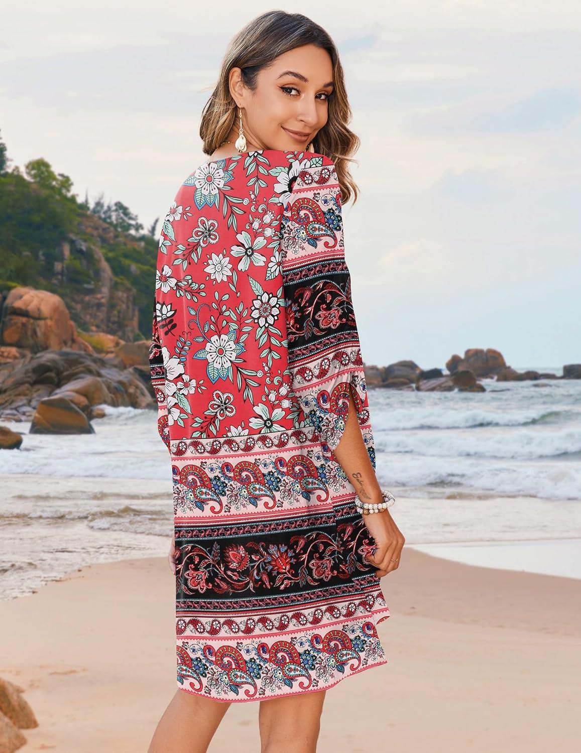 imageZeagoo Womens Boho Dresses Casual Beach Summer Dress Tassel Tie Neck 34 Long Sleeve Mini Sundress 2026 Floral Print Cover UpRed