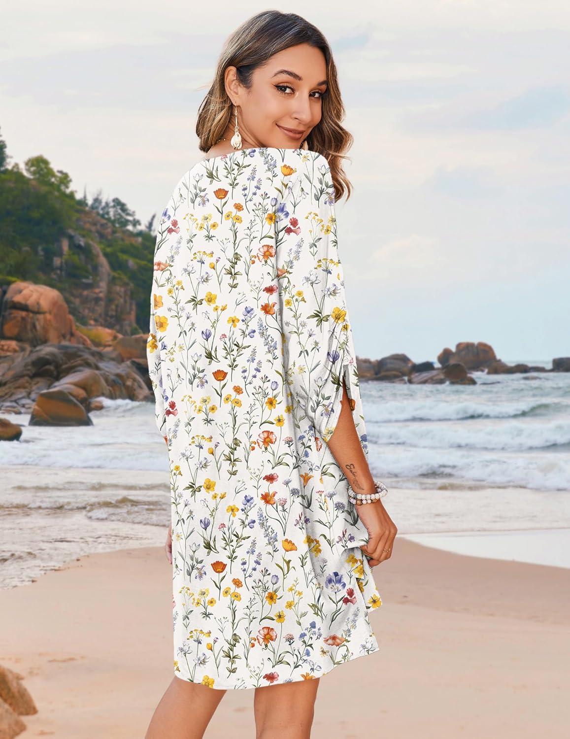 imageZeagoo Womens Boho Dresses Casual Beach Summer Dress Tassel Tie Neck 34 Long Sleeve Mini Sundress 2026 Floral Print Cover UpWhite Xh403
