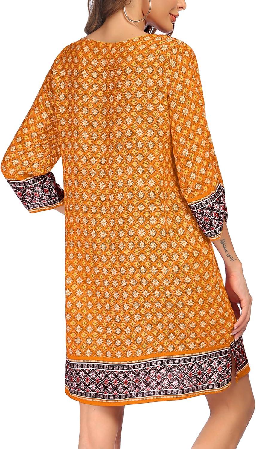 imageZeagoo Womens Boho Dresses Casual Beach Summer Dress Tassel Tie Neck 34 Long Sleeve Mini Sundress 2026 Floral Print Cover UpYellow