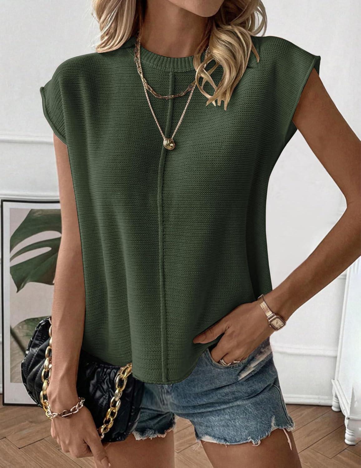 imageZeagoo Womens Cap Sleeve Sweater Vest Crew Neck Sleeveless Casual Knit Tops 2024 Summer Clothes SXXLArmy Green