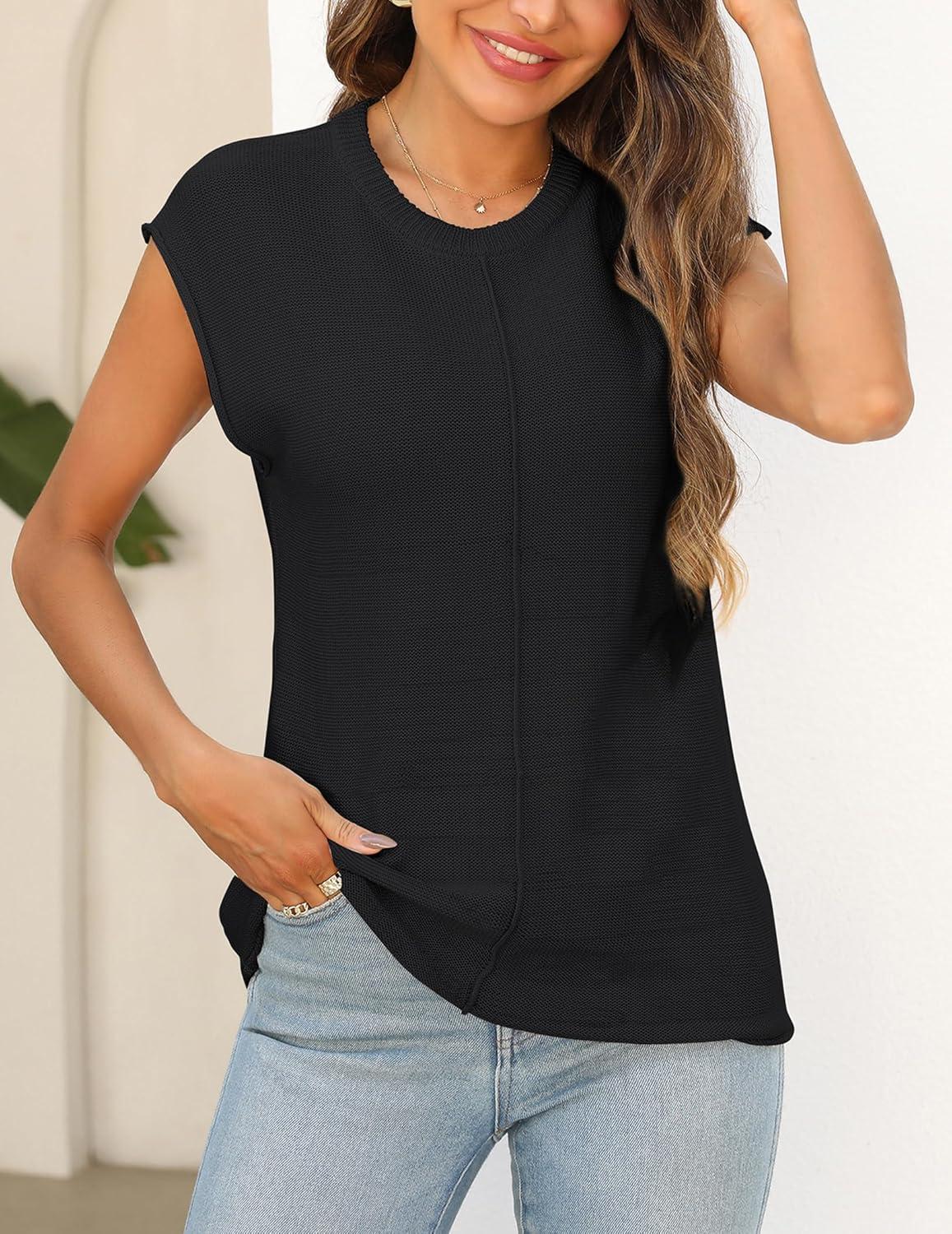 imageZeagoo Womens Cap Sleeve Sweater Vest Crew Neck Sleeveless Casual Knit Tops 2024 Summer Clothes SXXLBlack