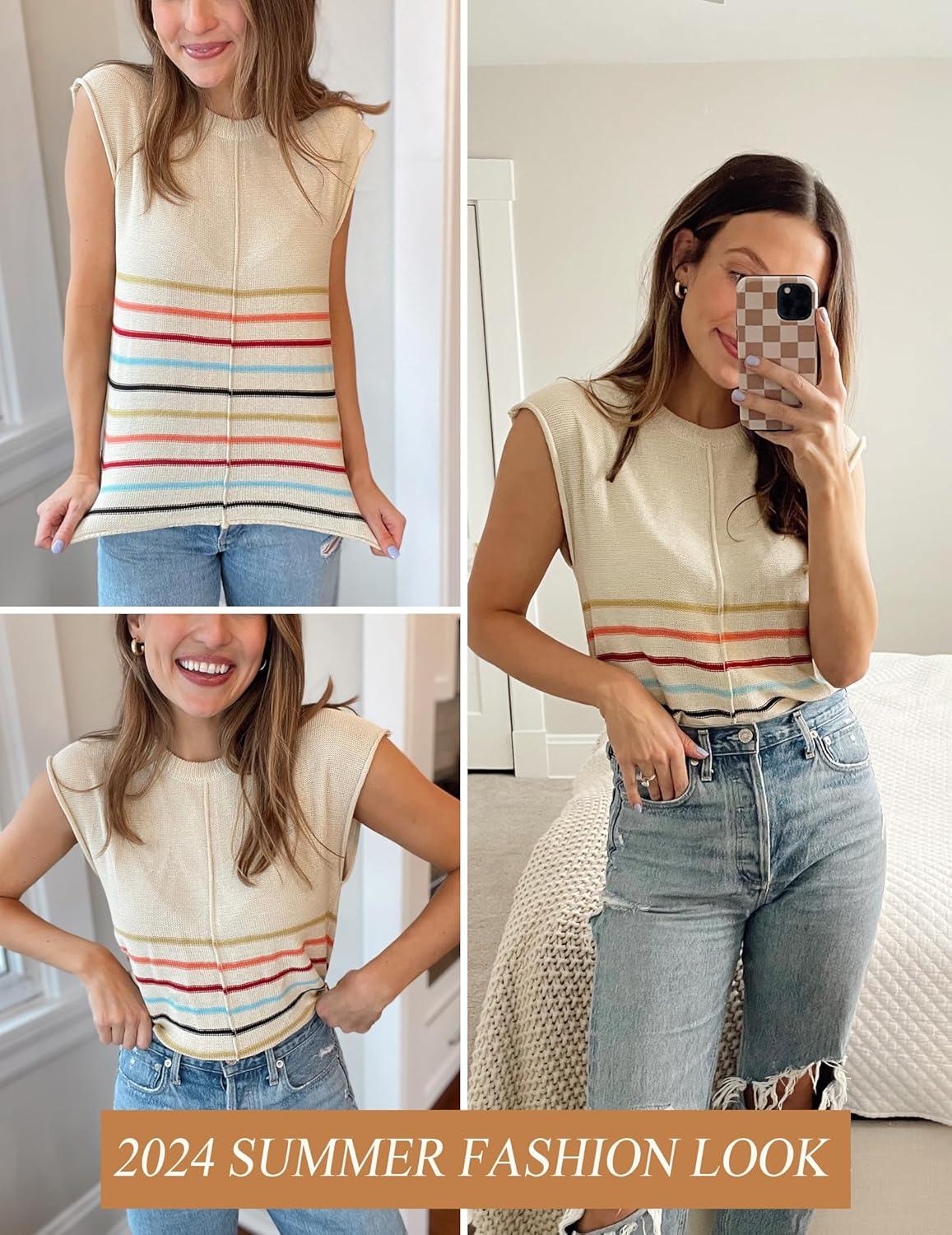 imageZeagoo Womens Cap Sleeve Sweater Vest Crew Neck Sleeveless Casual Knit Tops 2024 Summer Clothes SXXLColorful Stripes