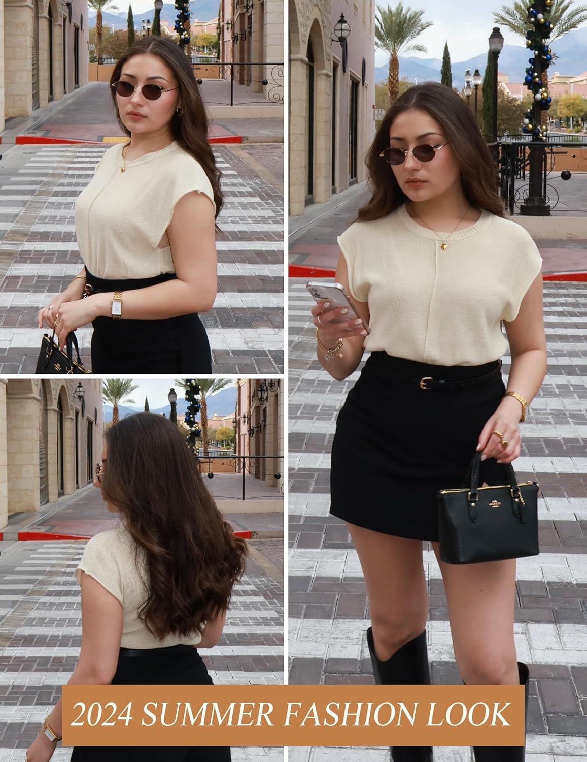 imageZeagoo Womens Cap Sleeve Sweater Vest Crew Neck Sleeveless Casual Knit Tops 2024 Summer Clothes SXXLCream