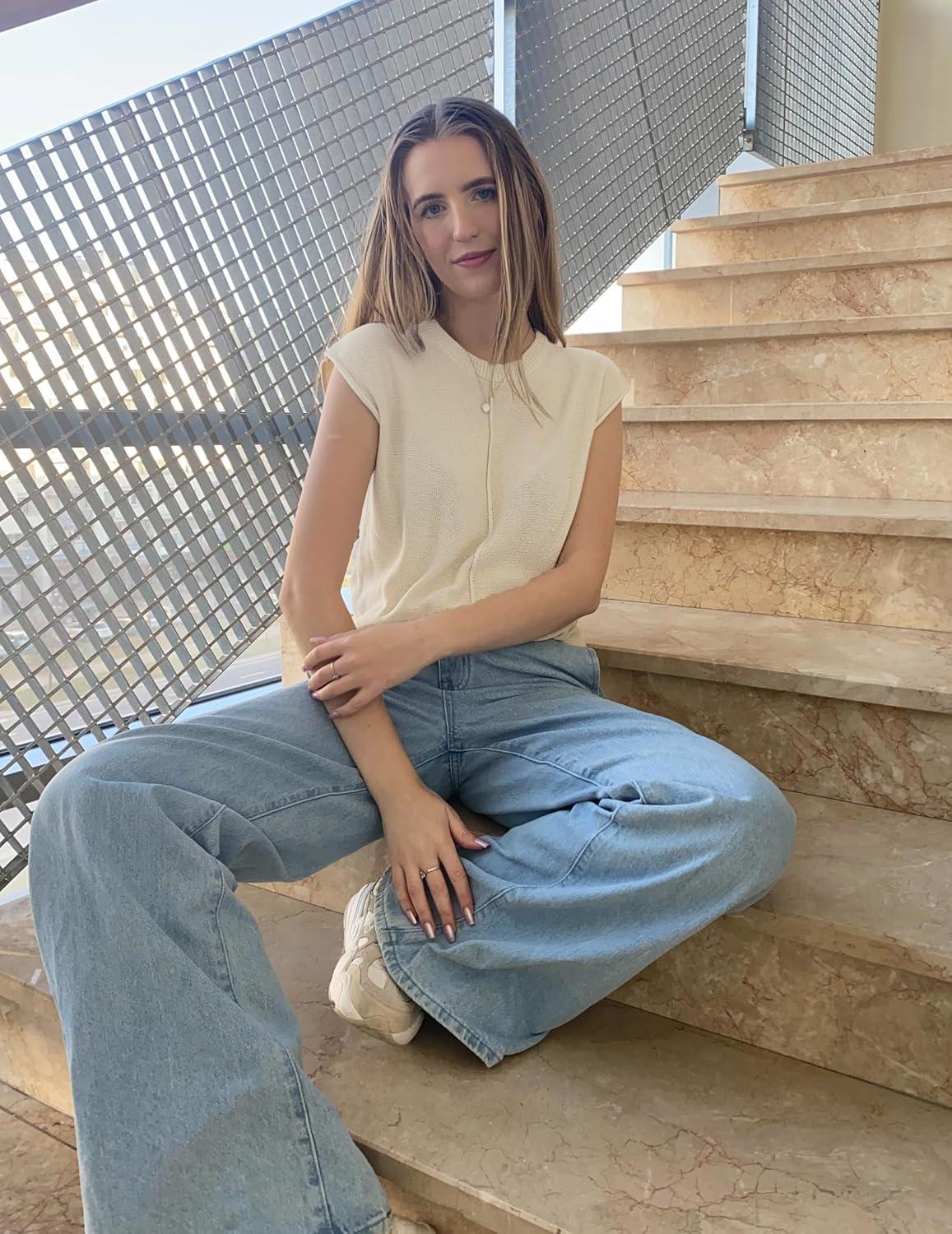 imageZeagoo Womens Cap Sleeve Sweater Vest Crew Neck Sleeveless Casual Knit Tops 2024 Summer Clothes SXXLCream