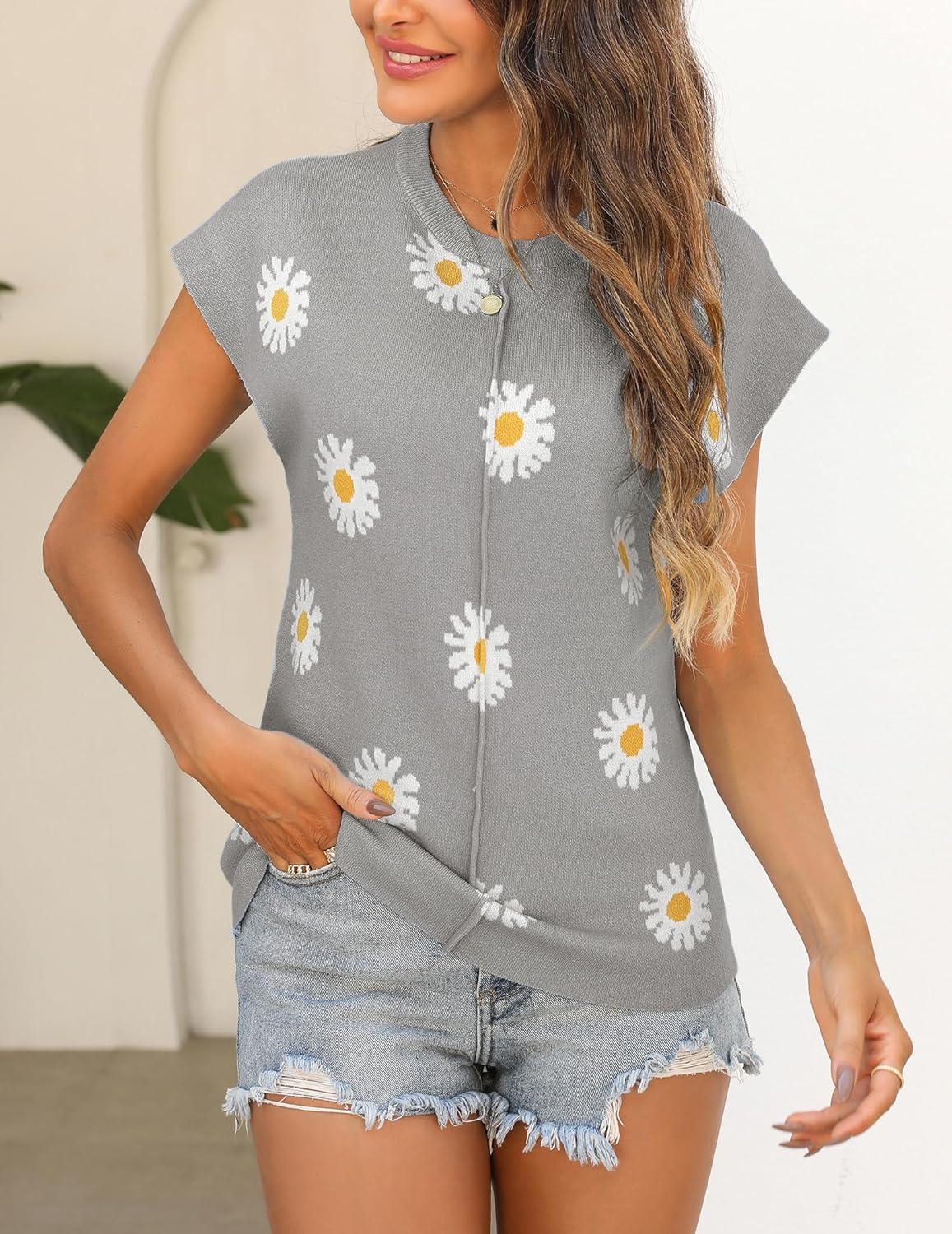 imageZeagoo Womens Cap Sleeve Sweater Vest Crew Neck Sleeveless Casual Knit Tops 2024 Summer Clothes SXXLGrey Daisy
