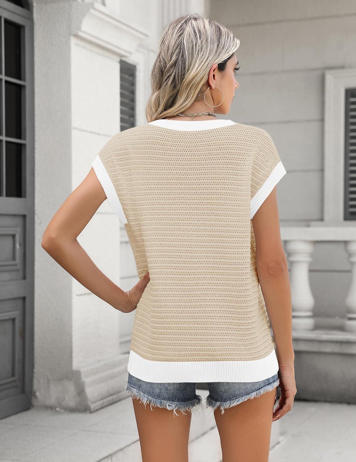 imageZeagoo Womens Cap Sleeve Sweaters Vest Crew Neck Knit Sweater Tops 2025 Casual Summer Sleeveless T ShirtAwhite