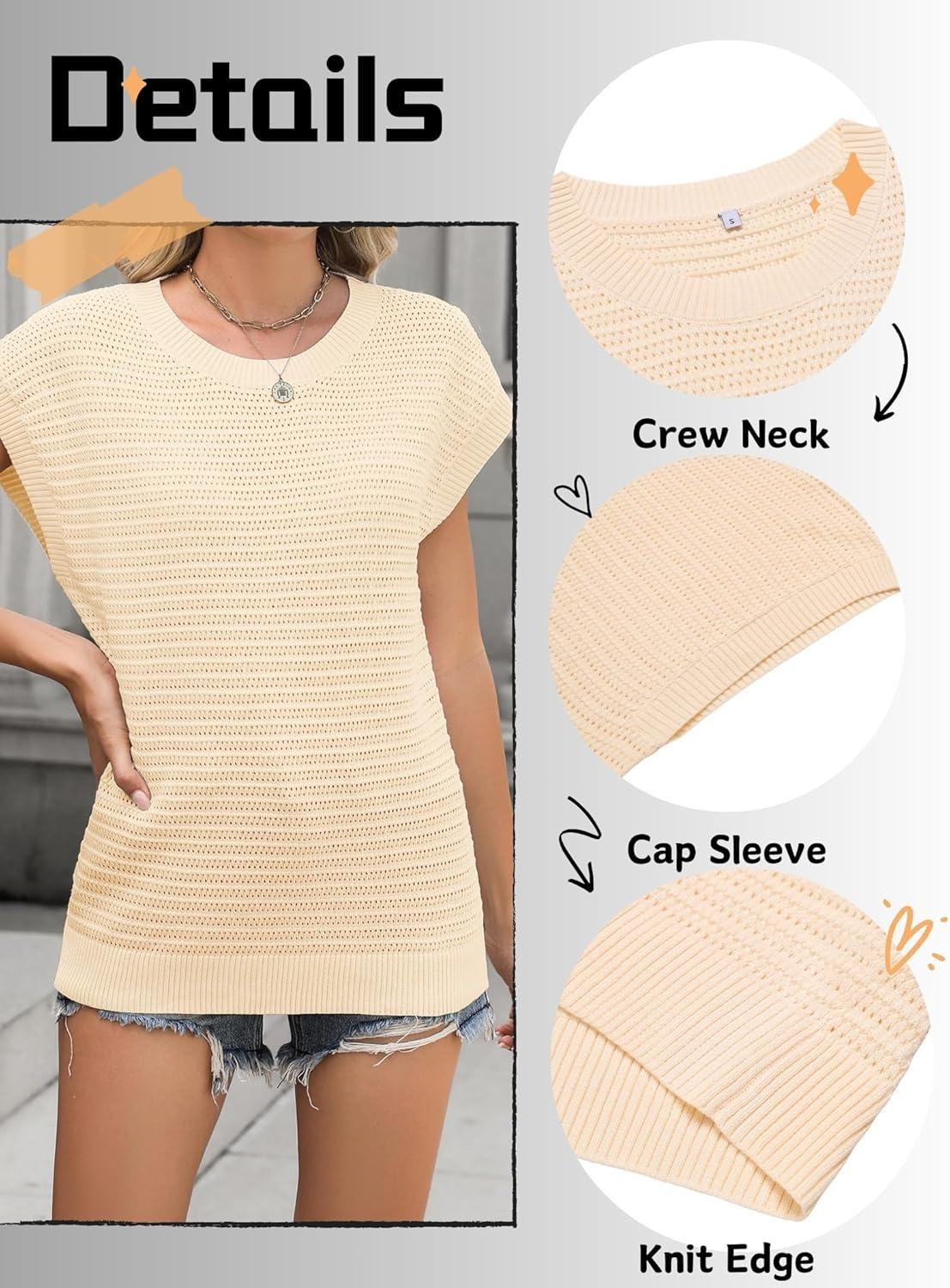 imageZeagoo Womens Cap Sleeve Sweaters Vest Crew Neck Knit Sweater Tops 2025 Casual Summer Sleeveless T ShirtAwhite