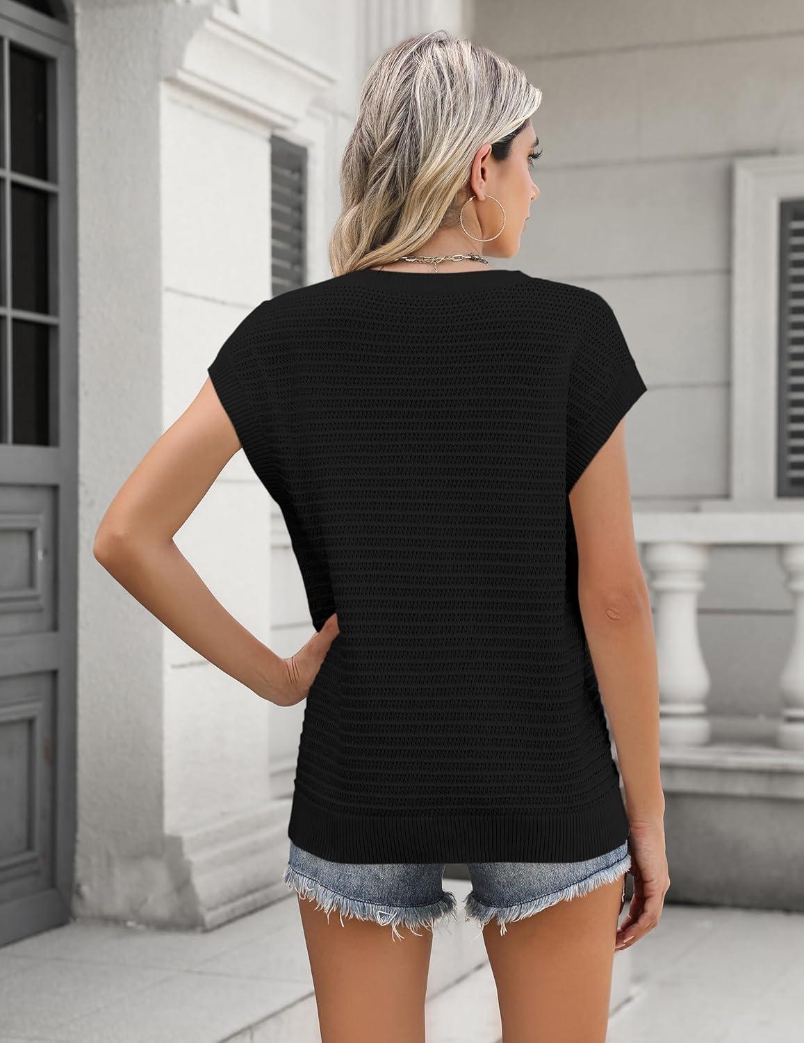 imageZeagoo Womens Cap Sleeve Sweaters Vest Crew Neck Knit Sweater Tops 2025 Casual Summer Sleeveless T ShirtBlack