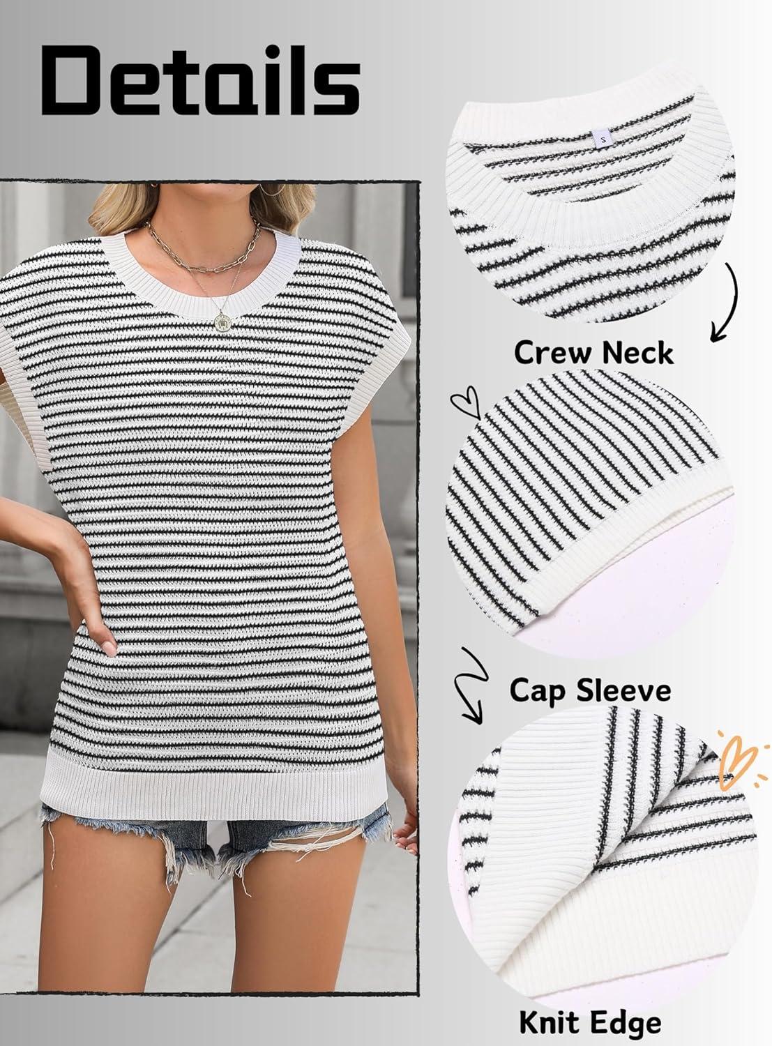 imageZeagoo Womens Cap Sleeve Sweaters Vest Crew Neck Knit Sweater Tops 2025 Casual Summer Sleeveless T ShirtStripe Blue