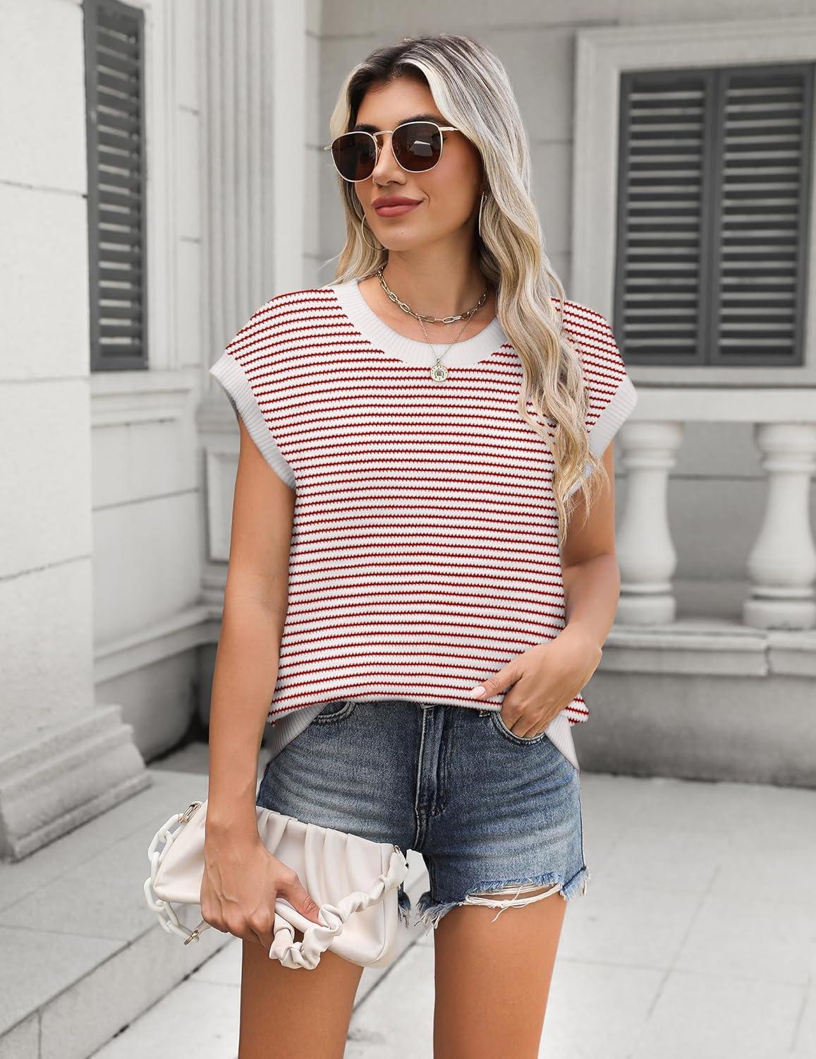 imageZeagoo Womens Cap Sleeve Sweaters Vest Crew Neck Knit Sweater Tops 2025 Casual Summer Sleeveless T ShirtStripe Red