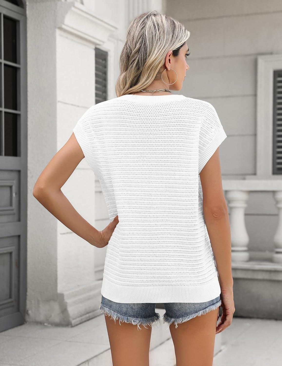 imageZeagoo Womens Cap Sleeve Sweaters Vest Crew Neck Knit Sweater Tops 2025 Casual Summer Sleeveless T ShirtWhite