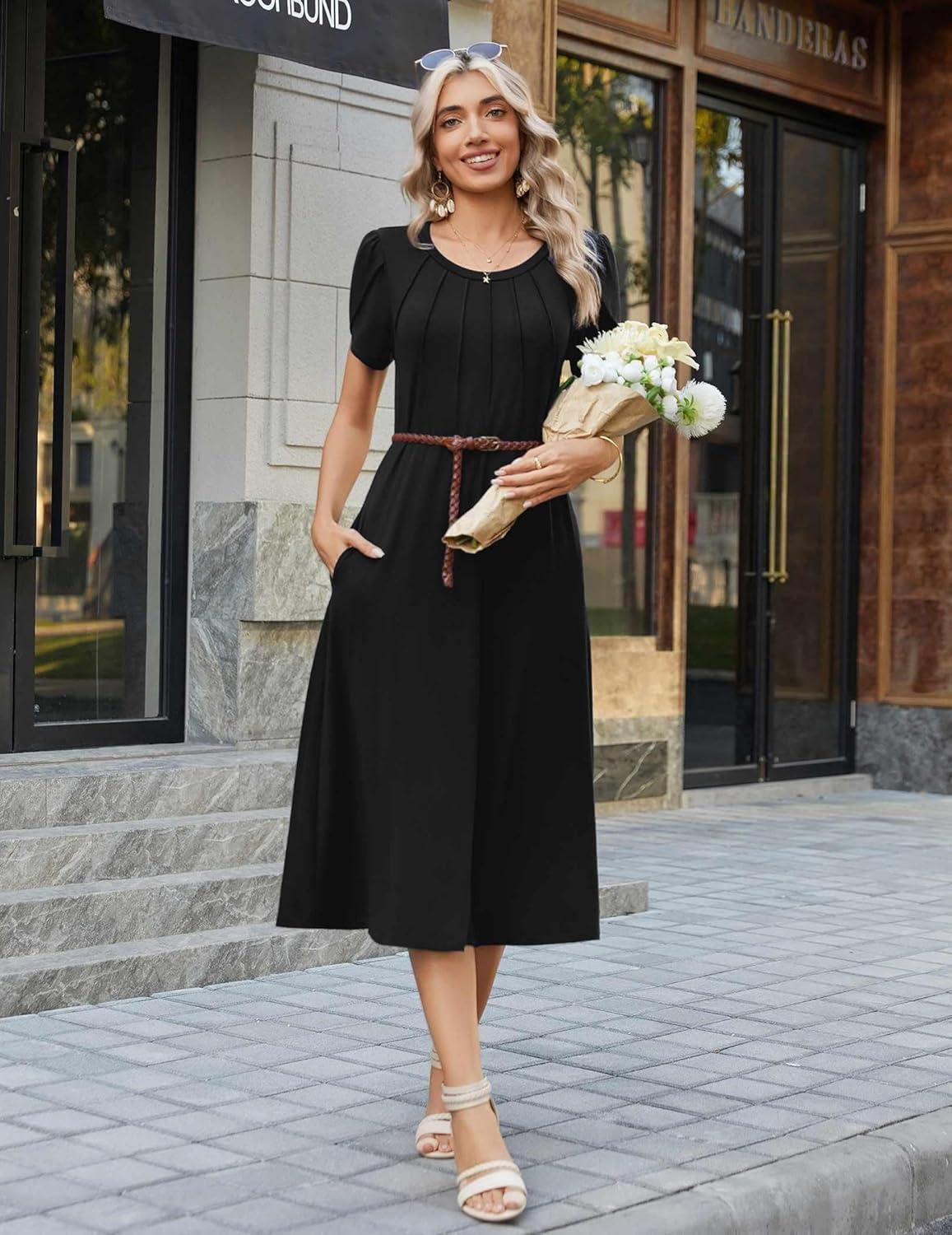 imageZeagoo Womens Casual Summer Dress 2026 Petal Short Sleeve Dresses with Pleats Midi A Line Flowy Dress Boho SundressAblack