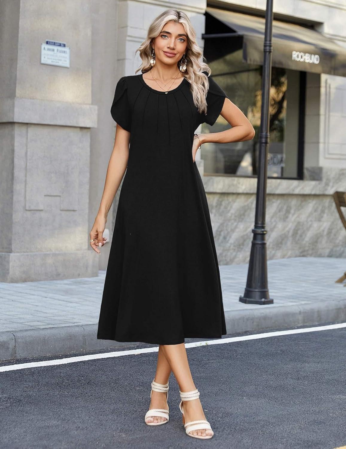 imageZeagoo Womens Casual Summer Dress 2026 Petal Short Sleeve Dresses with Pleats Midi A Line Flowy Dress Boho SundressAblack