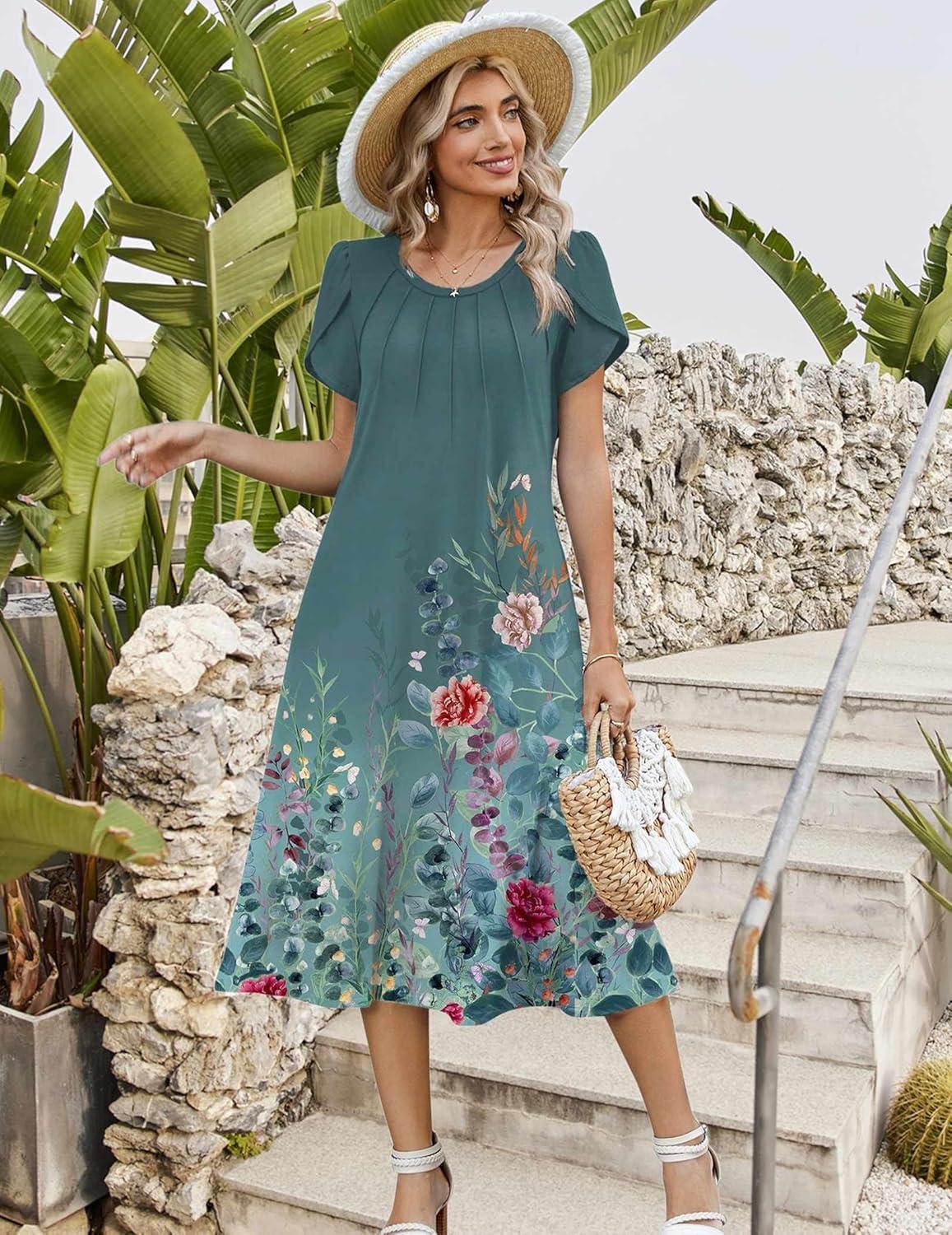 imageZeagoo Womens Casual Summer Dress 2026 Petal Short Sleeve Dresses with Pleats Midi A Line Flowy Dress Boho SundressBlue Green Floral