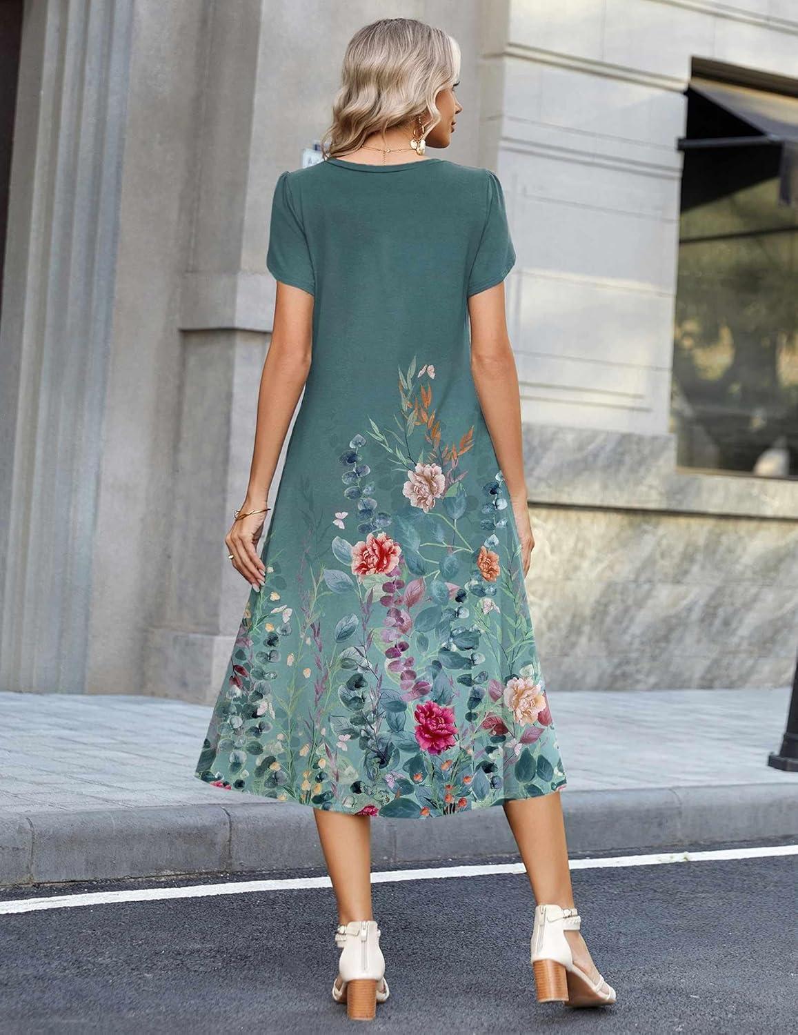 imageZeagoo Womens Casual Summer Dress 2026 Petal Short Sleeve Dresses with Pleats Midi A Line Flowy Dress Boho SundressBlue Green Floral
