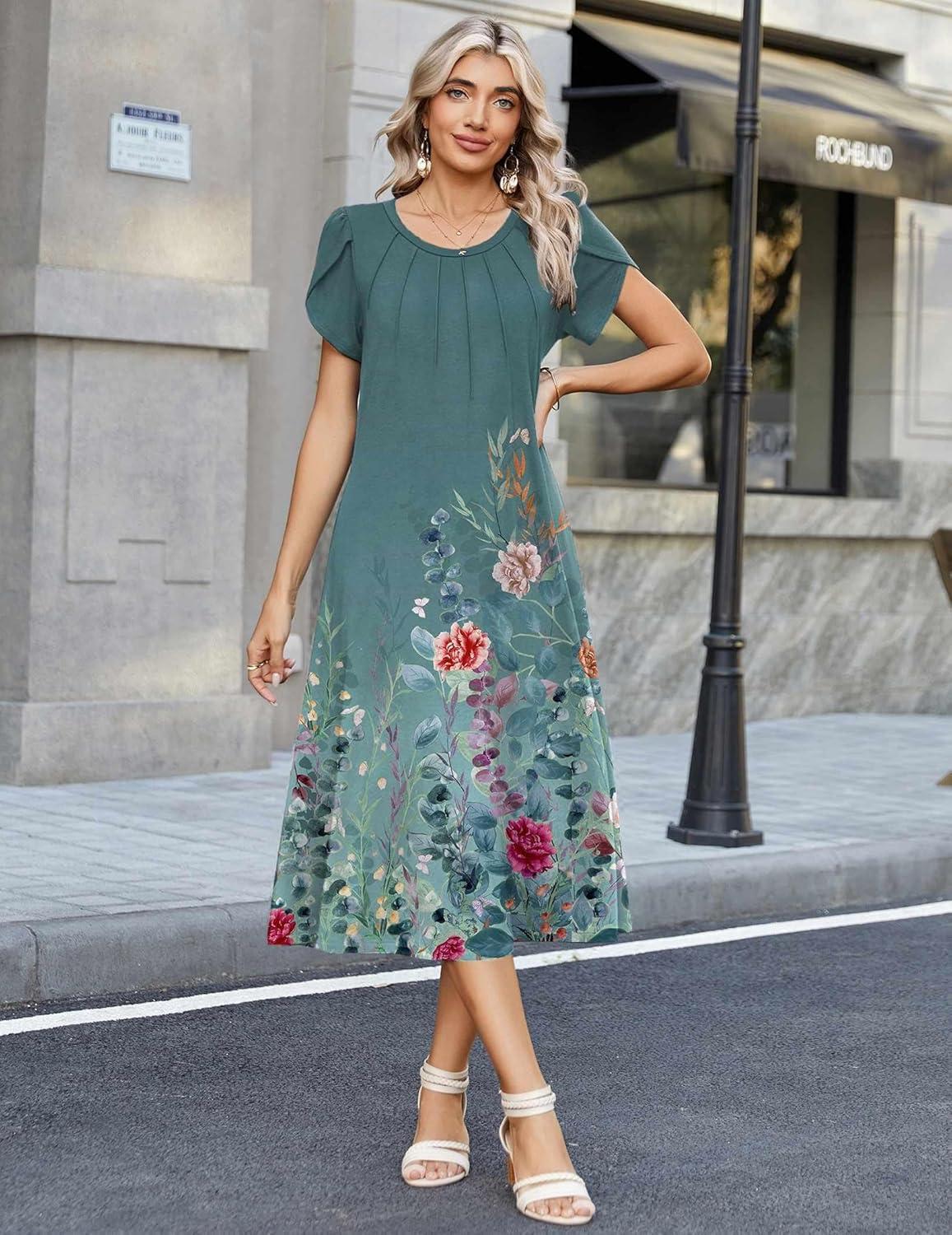 imageZeagoo Womens Casual Summer Dress 2026 Petal Short Sleeve Dresses with Pleats Midi A Line Flowy Dress Boho SundressBlue Green Floral