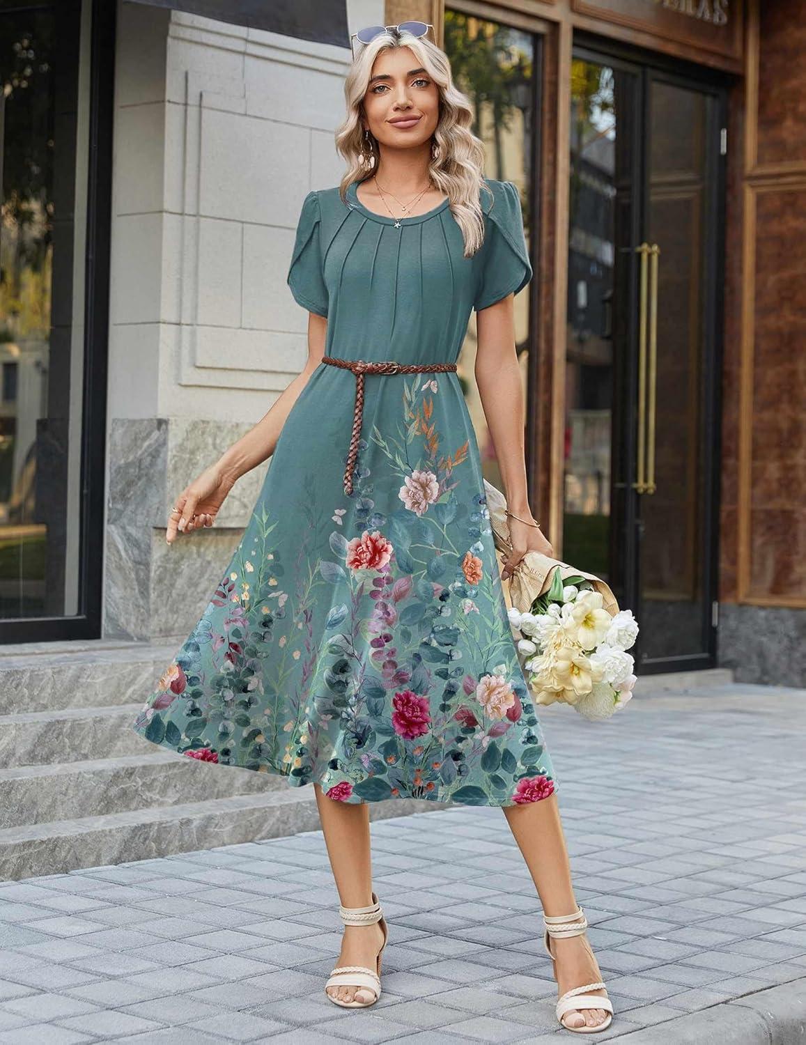 imageZeagoo Womens Casual Summer Dress 2026 Petal Short Sleeve Dresses with Pleats Midi A Line Flowy Dress Boho SundressBlue Green Floral