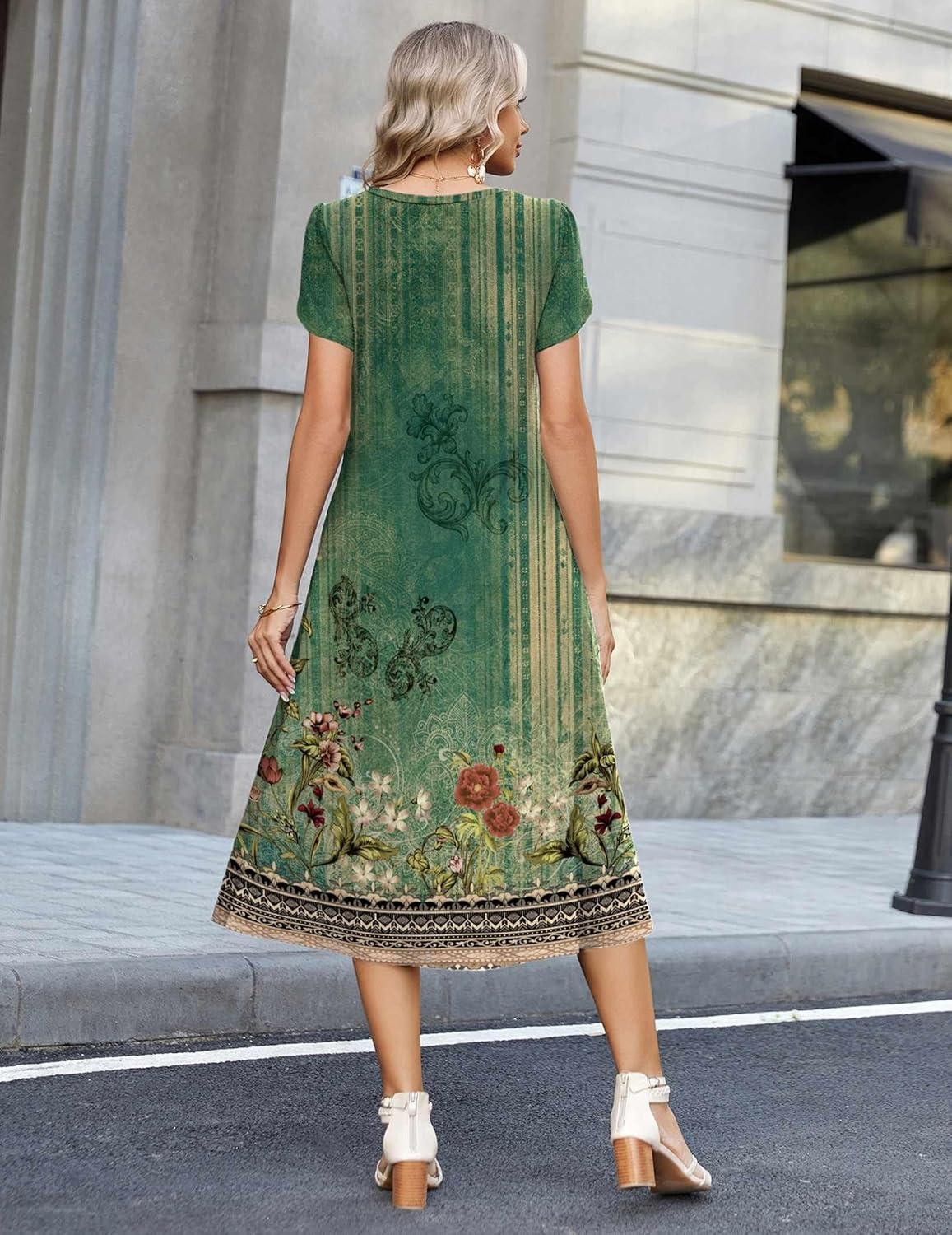imageZeagoo Womens Casual Summer Dress 2026 Petal Short Sleeve Dresses with Pleats Midi A Line Flowy Dress Boho SundressBoho Green Floral