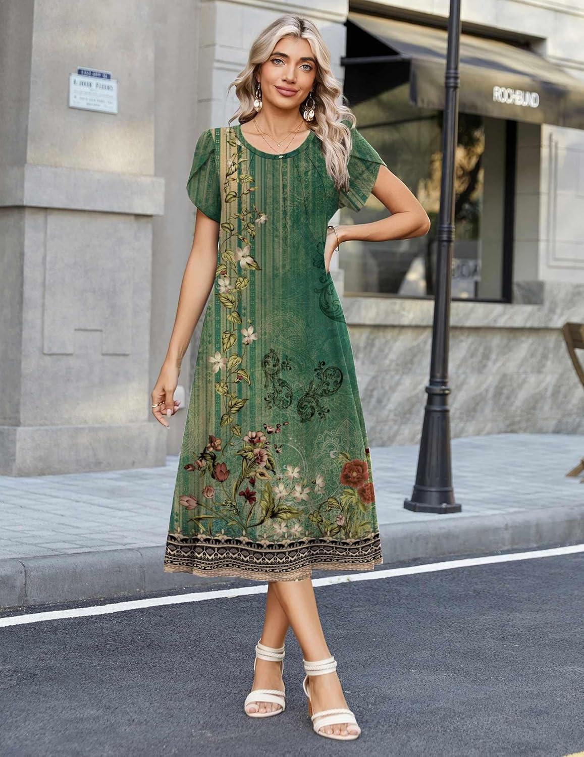 imageZeagoo Womens Casual Summer Dress 2026 Petal Short Sleeve Dresses with Pleats Midi A Line Flowy Dress Boho SundressBoho Green Floral
