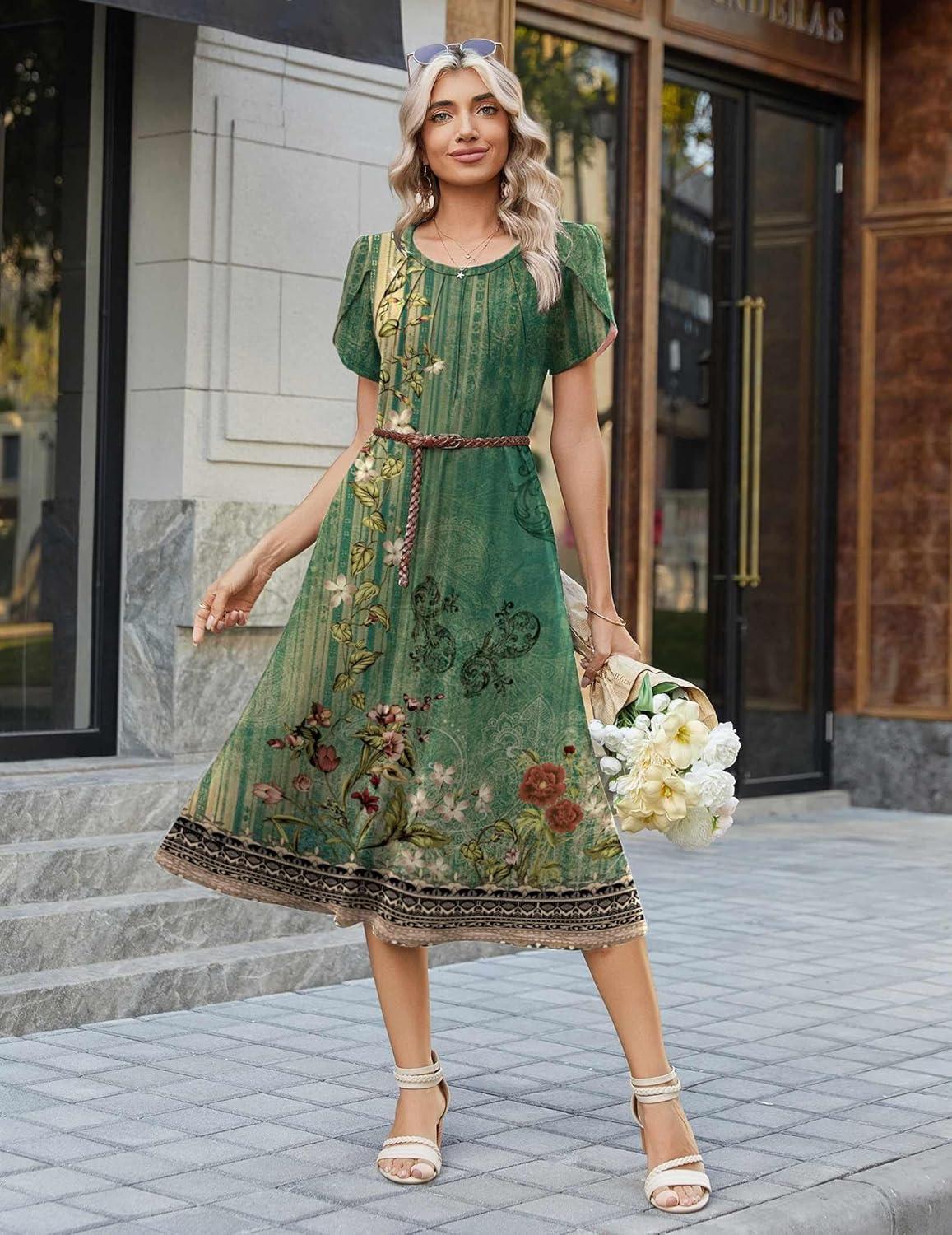 imageZeagoo Womens Casual Summer Dress 2026 Petal Short Sleeve Dresses with Pleats Midi A Line Flowy Dress Boho SundressBoho Green Floral