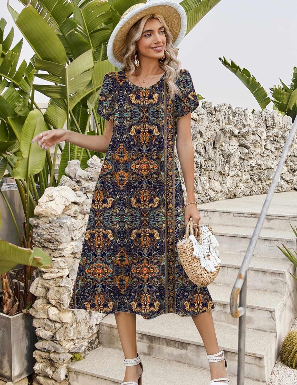 imageZeagoo Womens Casual Summer Dress 2026 Petal Short Sleeve Dresses with Pleats Midi A Line Flowy Dress Boho SundressChic Printed