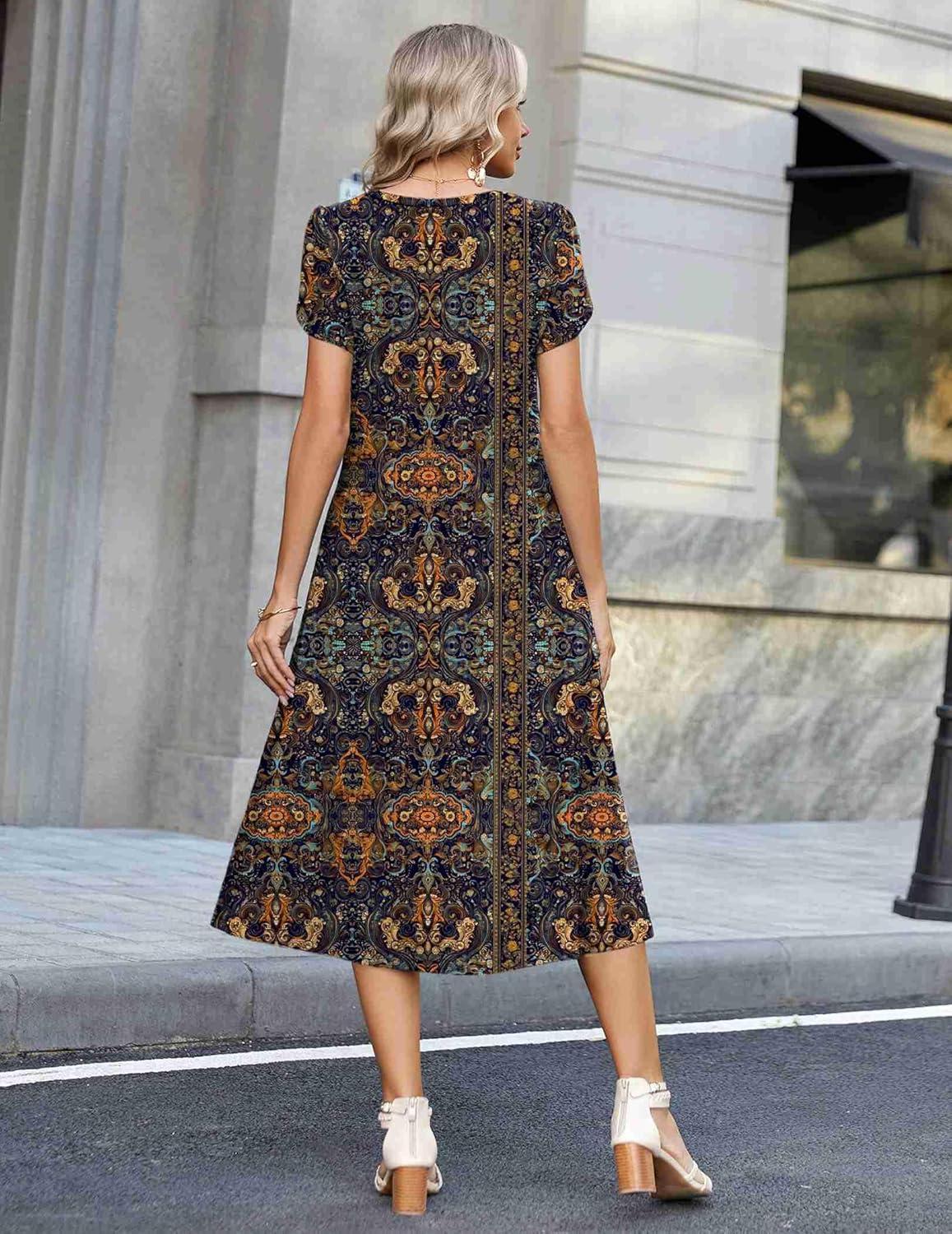 imageZeagoo Womens Casual Summer Dress 2026 Petal Short Sleeve Dresses with Pleats Midi A Line Flowy Dress Boho SundressChic Printed