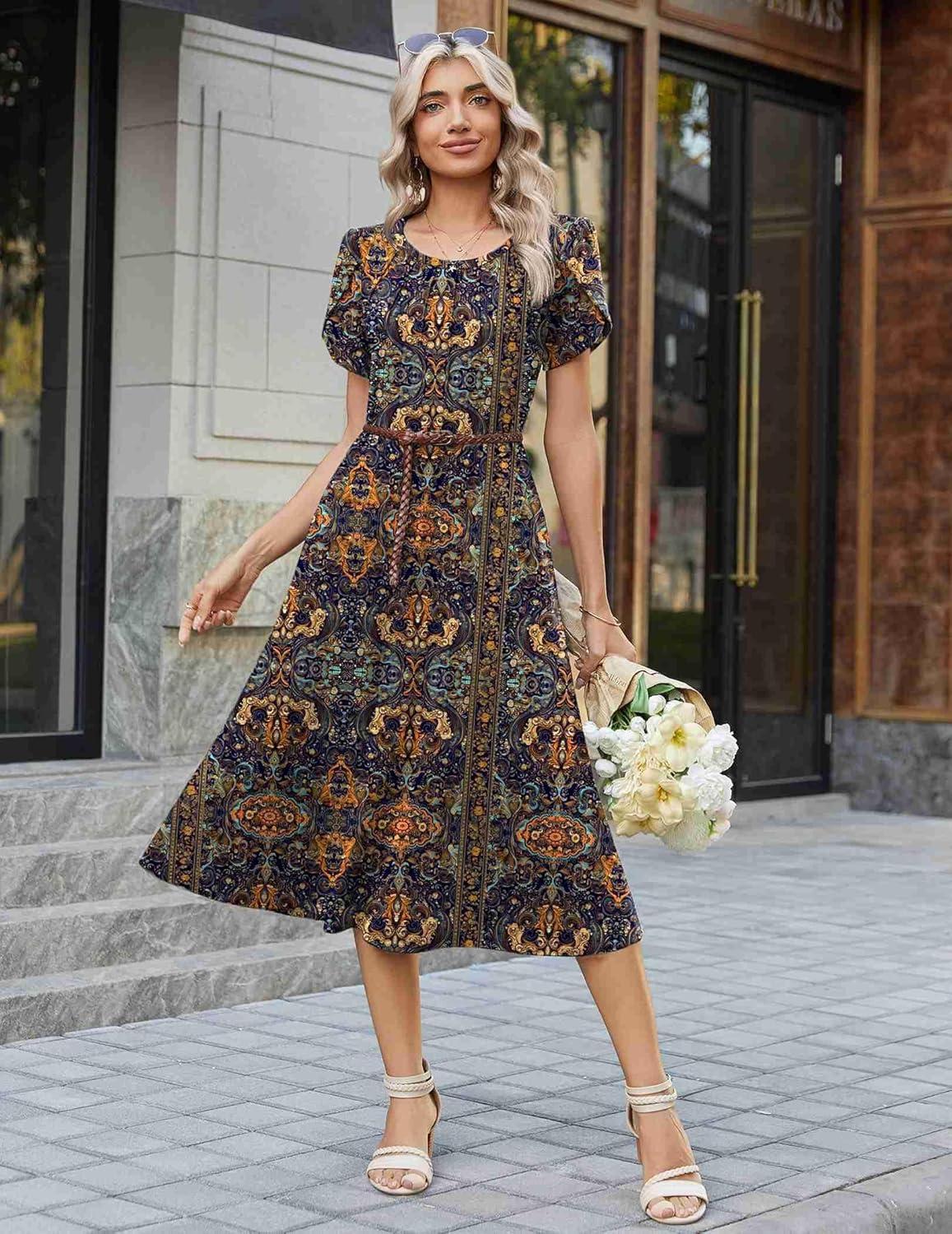 imageZeagoo Womens Casual Summer Dress 2026 Petal Short Sleeve Dresses with Pleats Midi A Line Flowy Dress Boho SundressChic Printed