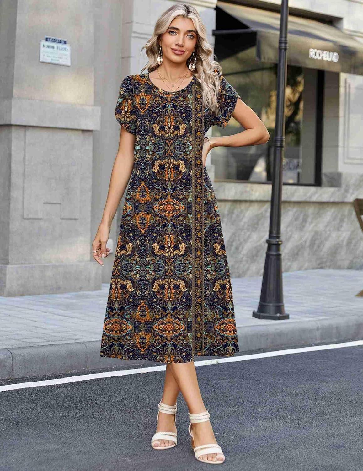 imageZeagoo Womens Casual Summer Dress 2026 Petal Short Sleeve Dresses with Pleats Midi A Line Flowy Dress Boho SundressChic Printed
