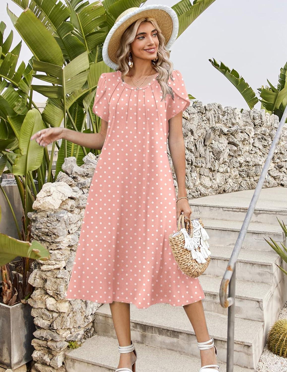 imageZeagoo Womens Casual Summer Dress 2026 Petal Short Sleeve Dresses with Pleats Midi A Line Flowy Dress Boho SundressPink Dot